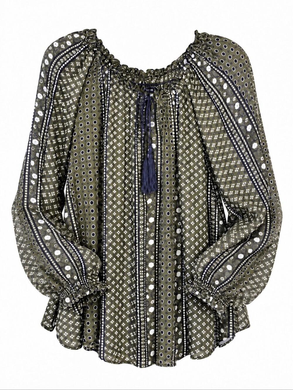 Maison Coupe XL 16 Olive Green Boho Print Tassel Tie Blouse